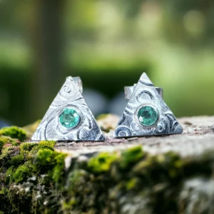 Sterling silver and 4mm Emerald earrings with floral texture.